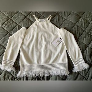 Bailey 44 Womens Top Size Large Off The Shoulder White Cream Fringe Sweater